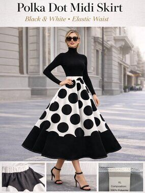 Polka Dot Midi Skirt Black White High Waist Elastic Waist A-Line Flowy XL